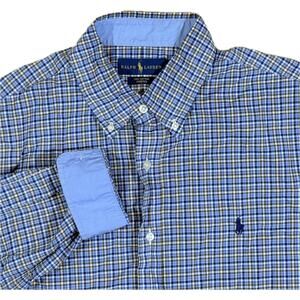Ralph Lauren‎ Men’s L Tattersall Plaid Stretch Long Sleeve Shirt Blue Green Pony